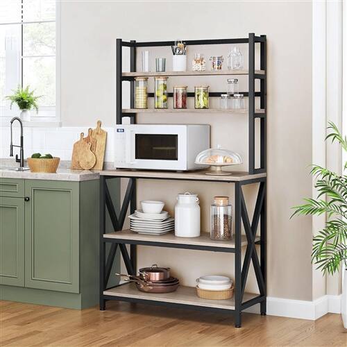 Back. SlickBlue - Kitchen Baker’s Rack with Black Metal Frame and Grey Wood Shelves - Black.