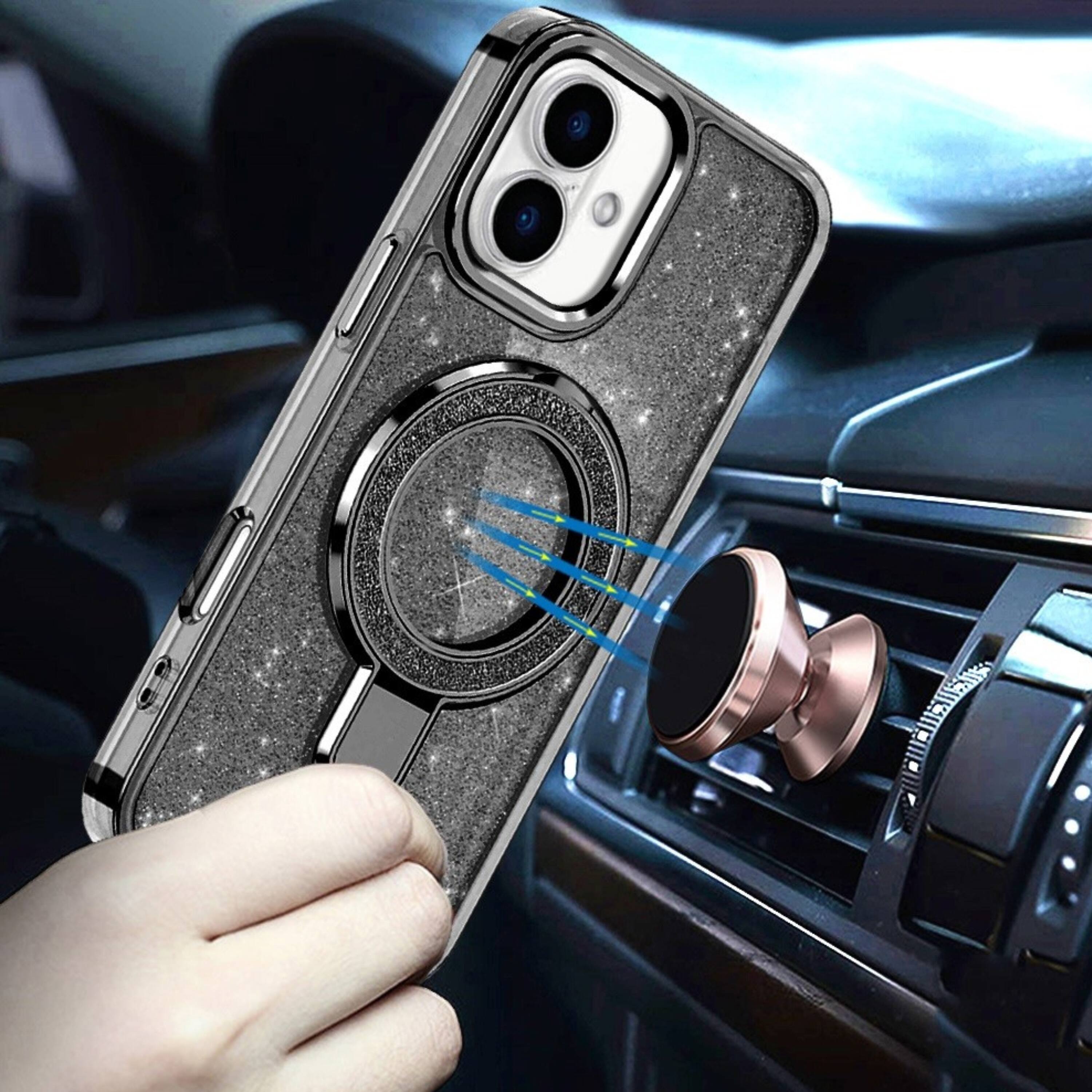 Left. Kitcheniva - Iphone 17 Translucent Glitter Case With Magnetic Circle Stand And Protective Cover Black - Black.