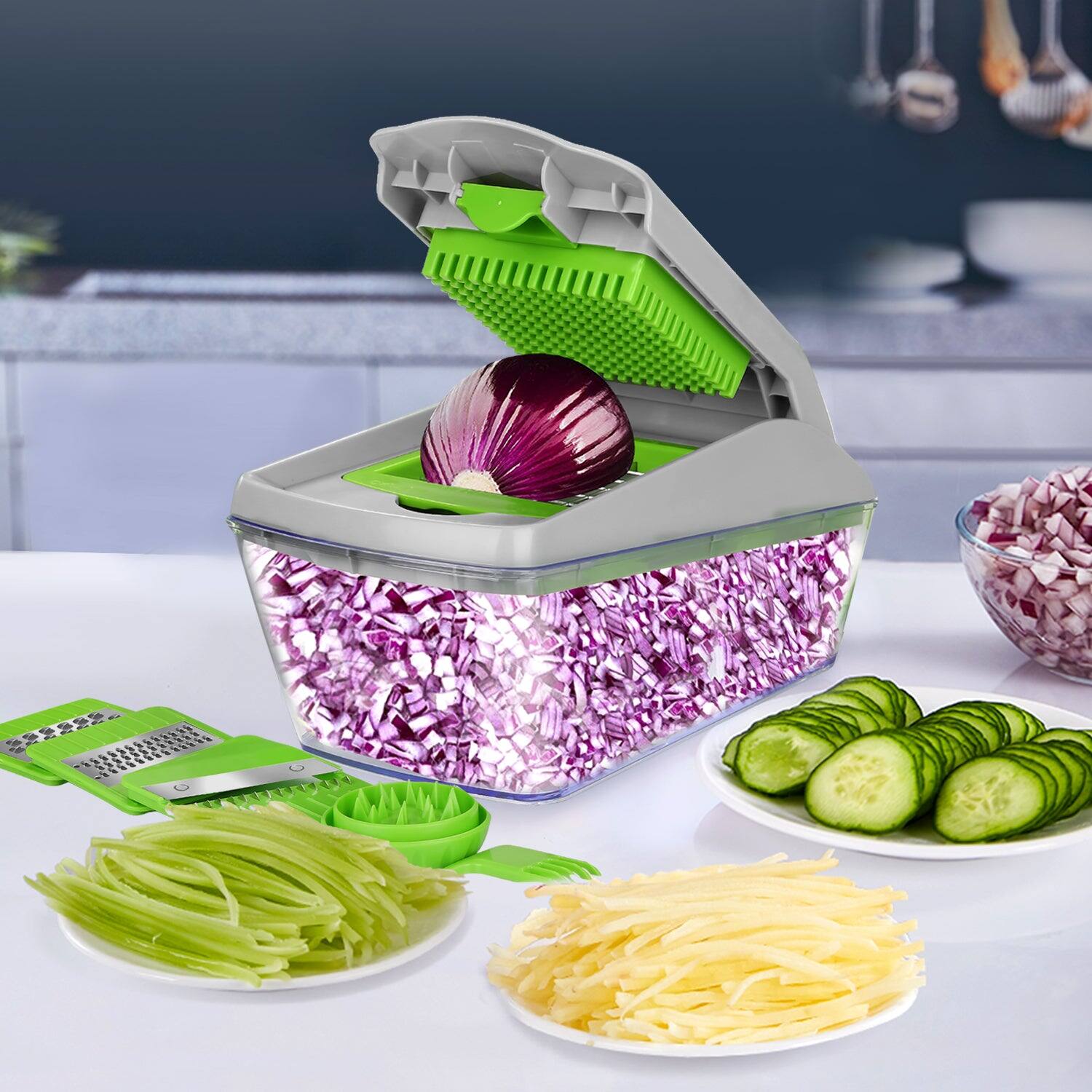Angle. Fitnate - 13Pcs Vegetable Spiralizer Mandoline Slicer Dicer Food Chopper - Green Gray.
