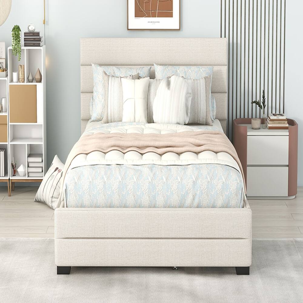 Alt View 6. Loheer - Loheer Queen Upholstered Platform Bed with Twin Trundle and 2 Storage Drawers, Beige Linen Bed Frame - Beige.