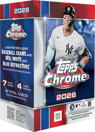 2026
Topps Chrome
LOOK FOR EXCLUSIVE BASEBALL SEAMS AND RED, WHITE AND BLUE REFRACTORS"
(NO PURCHASE NECESSARY. VISIT TOPPS.COM NPW FOR DETAILS AND ENTRY.)
7 PACKS PER BOX
4 CARDS PER PACK
28 TOTAL CARDS
PACKS WITH A SPECIAL INSERT MAY CONTAIN LESS CARDS.
PLAYERS FOR MORE PRODUCT AND CHECKLIST INFORMATION VISIT TOPPS.COM OR USE THIS CODE
MAJOR LEAGUE BASEBALL
OFFICIALLY LICENSED PRODUCT OF MLB PLAYERS, INC.