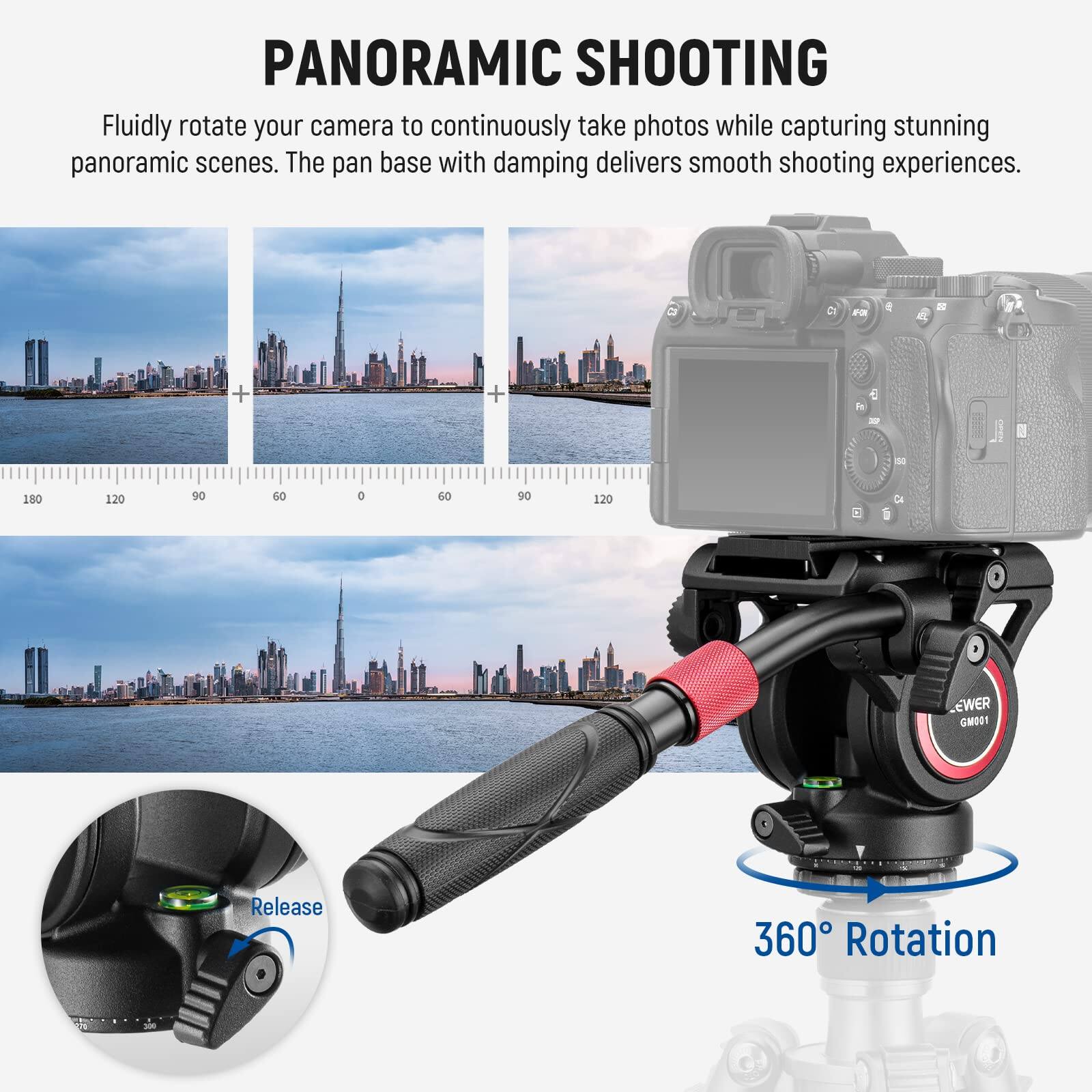 PANORAMIC SHOOTING  
Fluidly rotate your camera to continuously take photos while capturing stunning panoramic scenes. The pan base with damping delivers smooth shooting experiences.  

a F + + S 180 120 90 60 O 60 90 120 EWER GM081 Release 360 Rotation