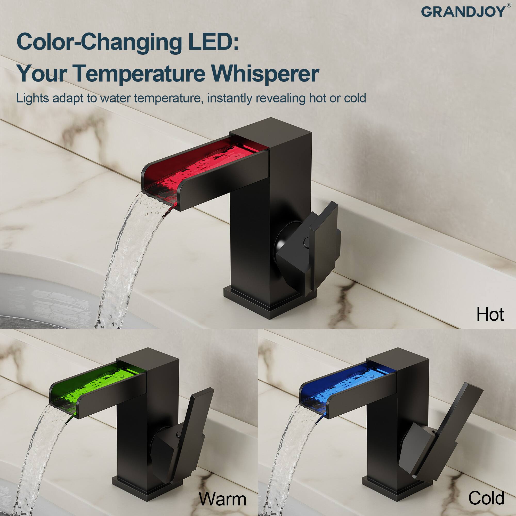 Color-Changing LED:  
Your Temperature Whisperer  
Lights adapt to water temperature, instantly revealing hot or cold  

GRANDJOY  

Hot  
Warm  
Cold