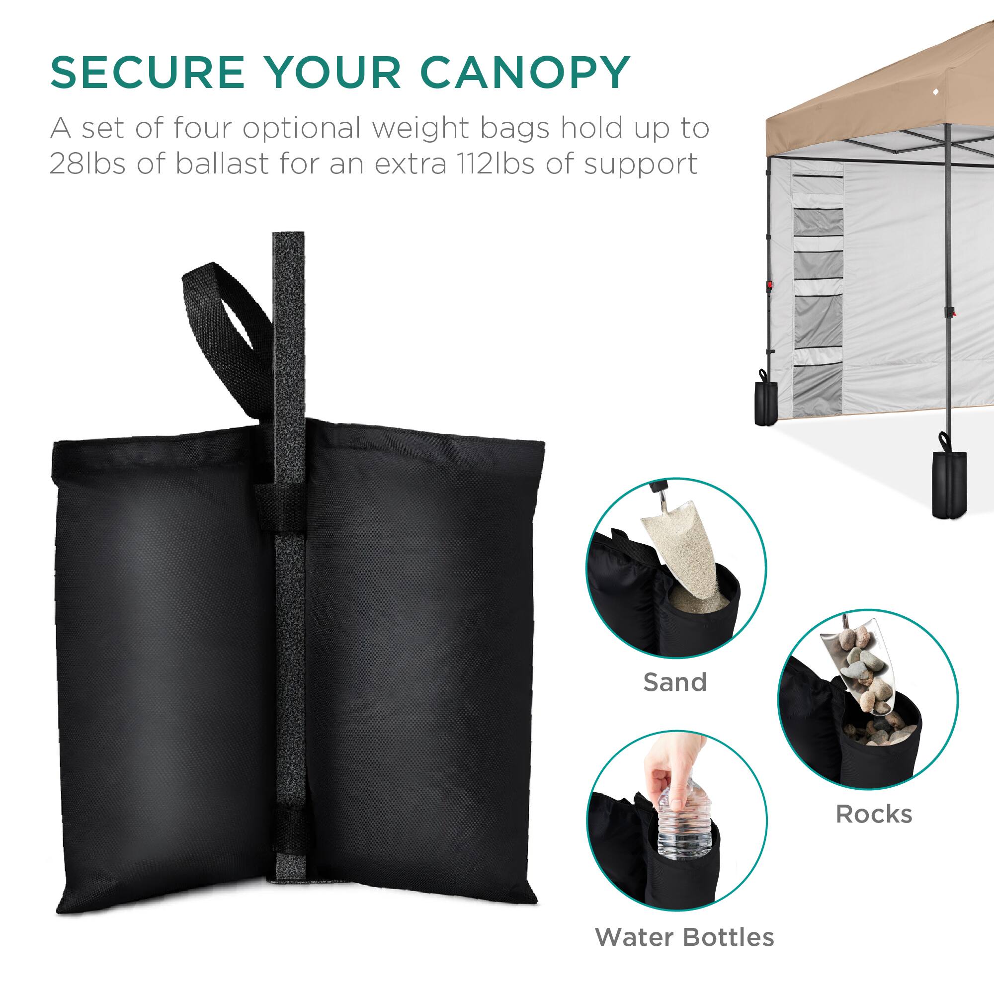 SECURE YOUR CANOPY

A set of four optional weight bags hold up to 28lbs of ballast for an extra 112lbs of support

Sand  
Rocks  
Water Bottles
