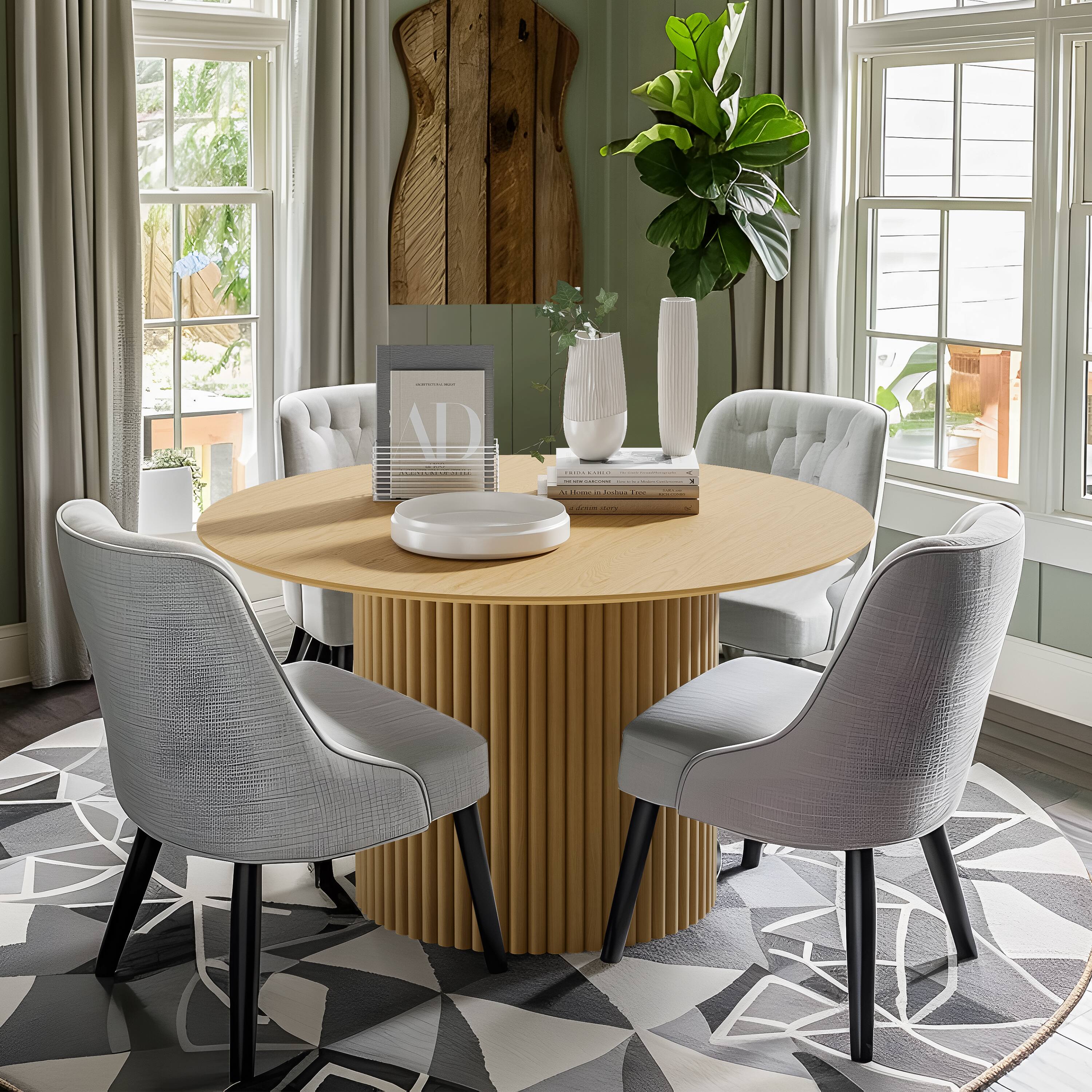 Alt View 1. PexFix - Minimalist Farmhouse Round Solid Oak 46 in. W Column Base Kitchen & Dining Table Seats 4 - Natural.