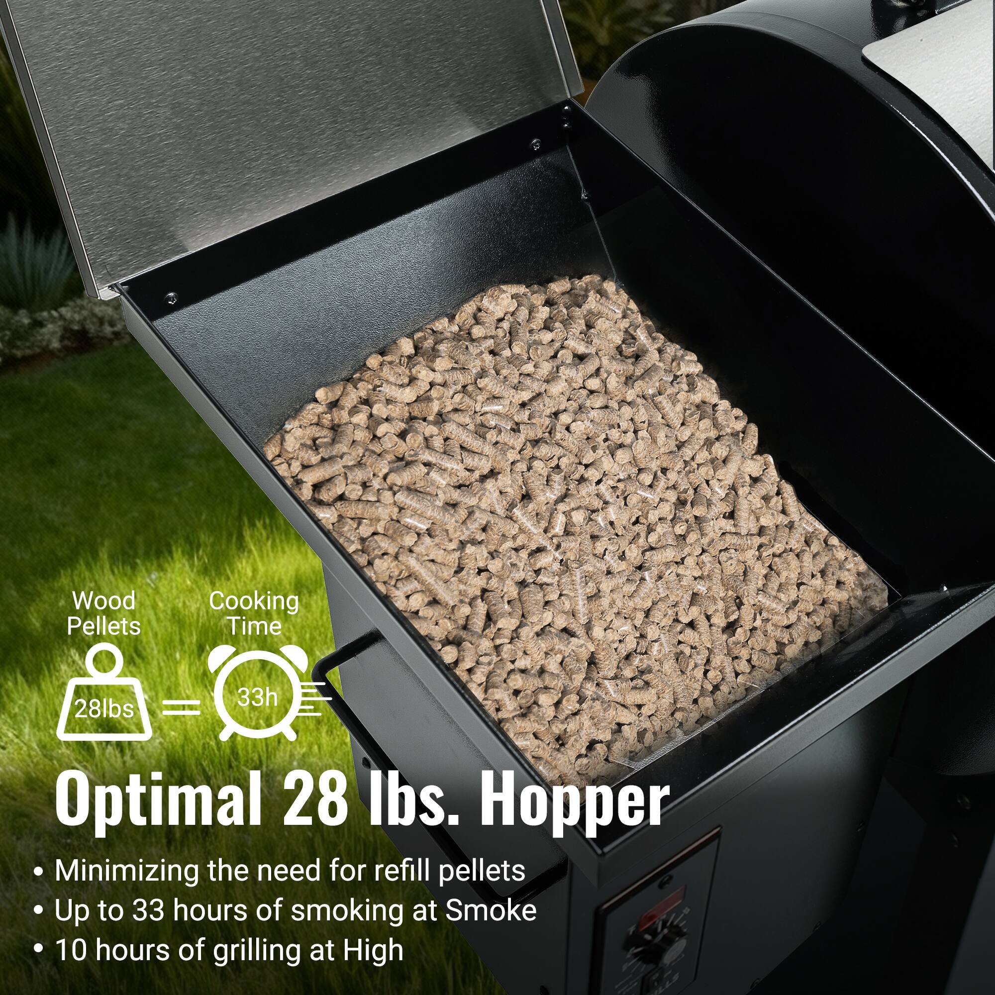 Wood Pellets Cooking Time  
28lbs = 33h  

Optimal 28 lbs. Hopper  

- Minimizing the need for refill pellets  
- Up to 33 hours of smoking at Smoke  
- 10 hours of grilling at High
