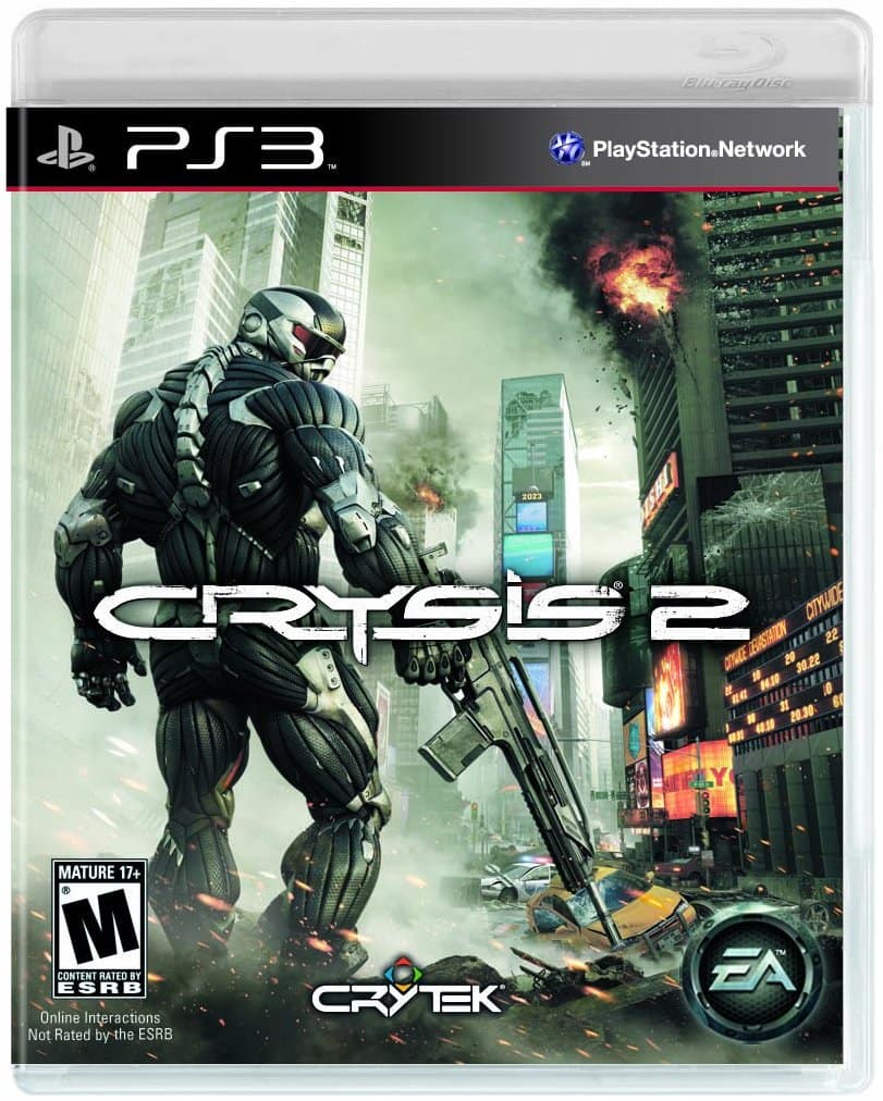 Sure, here is the corrected and grouped text from the image:

---

**PS3**  
**PlayStation Network**

**Crysis 2**

**MATURE 17+**  
**M**  
**CONTENT RATED BY ESRB**  
**Online Interactions Not Rated by the ESRB**

**CRYTEK**  
**EA**

**Blu-ray Disc**

---

This text is organized as it appears on the cover of the game.