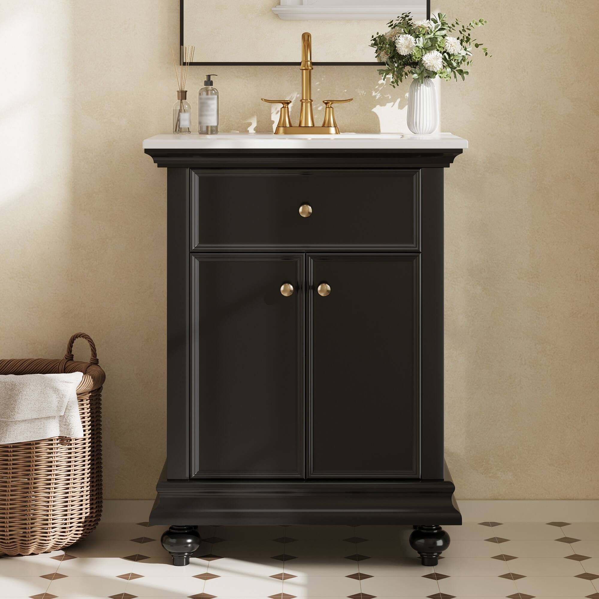 Angle. Whisen - 24" Modern Bathroom Vanity Cabinet with Sink Tip-Out Soft-Close Hinges Back Open Ball-Turned Legs - Black.