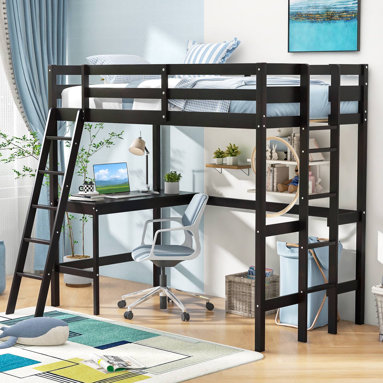 Back. Sugift - Twin Size Loft Bed Frame with Desk Angled and Built-in Ladder - Brown.