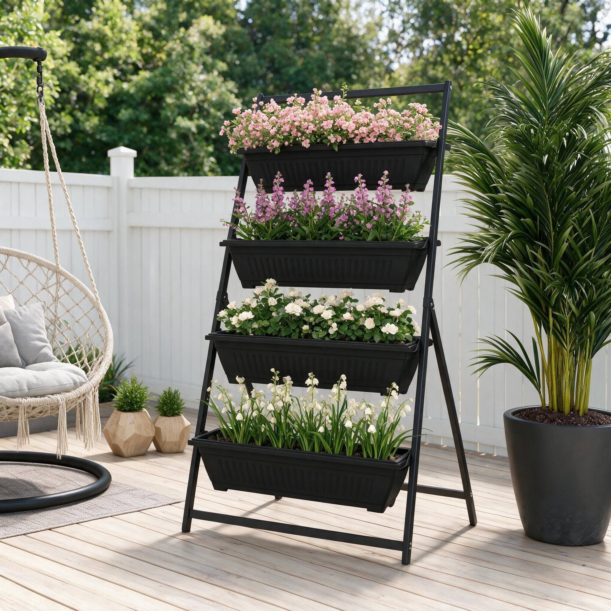 Back. RYHNUYNE - Outsunny 4 Tier Raised Garden Bed, Vertical Planter Boxes with Stand, Self Draining Elevated Outdoor Garden - Black.