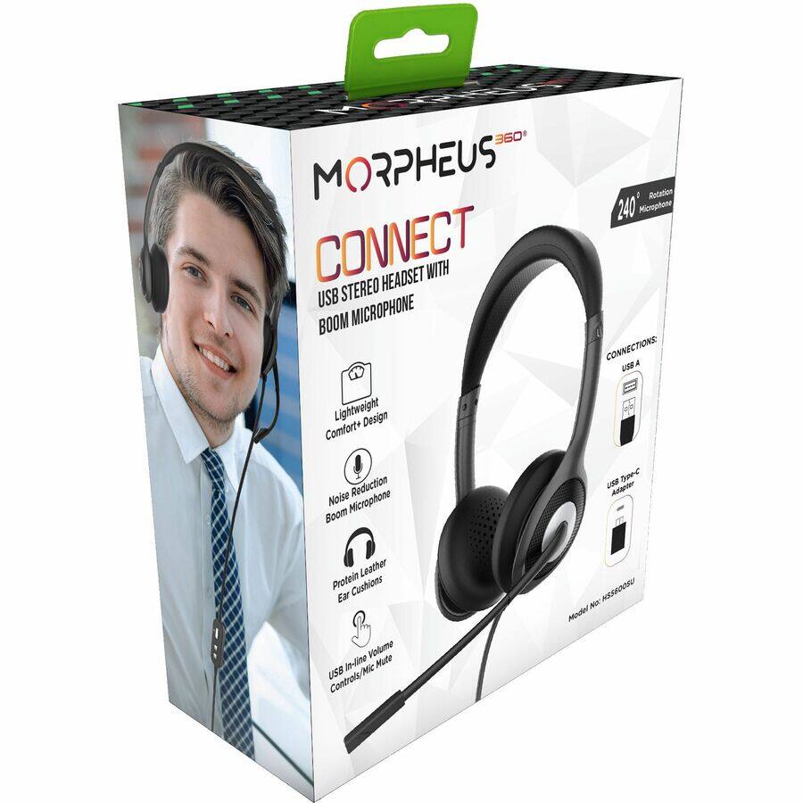 MORPHEUS  
360° CONNECT  
USB STEREO HEADSET WITH BOOM MICROPHONE  

- Lightweight Design Comfort+  
- Noise Reduction Boom Microphone  
- Protein Leather Ear Cushions  
- USB In-line Volume/Mute Controls/Mic  

CONNECTIONS:  
- USB A  
- USB Type-C Adapter  

Model No: H5500SU