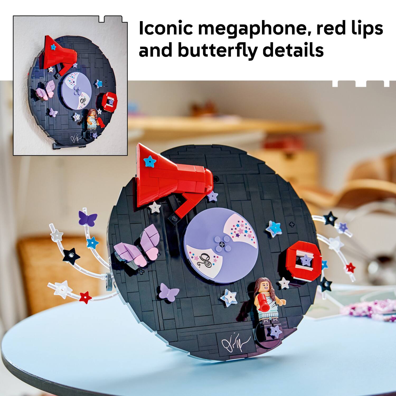 Iconic megaphone, red lips and butterfly details