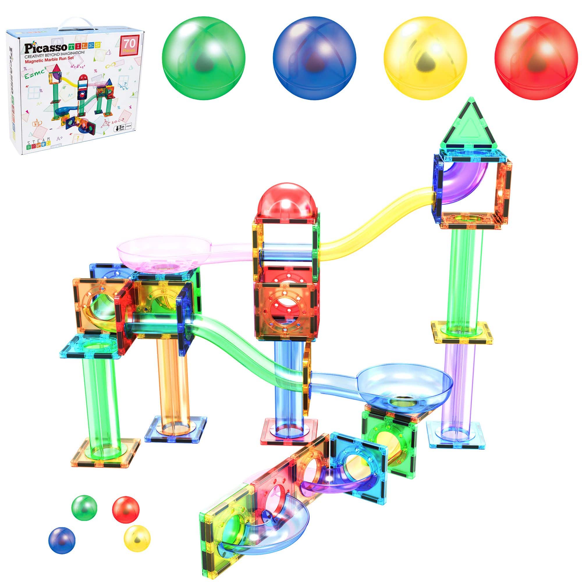 PicassoTiles - PICASSO-TILES Marble Run Magnetic Tiles for Kids, 70PCS, Magnet Tiles Race Track Building Blocks STEM Toy - Multicolor