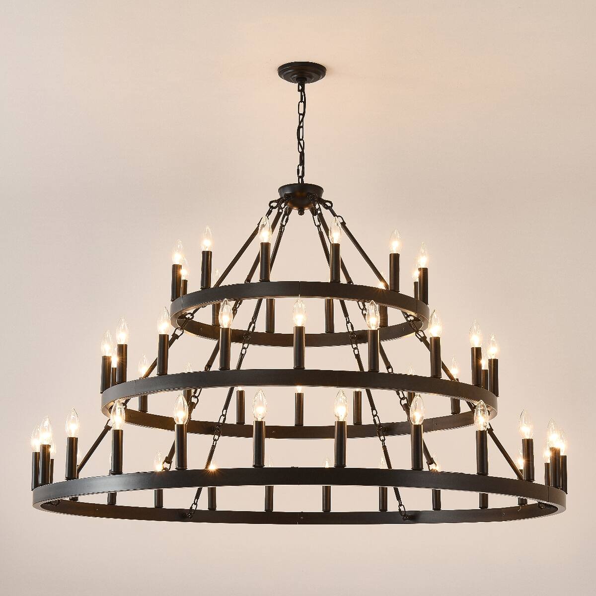 Angle. Loheer - Loheer Three Tier Farmhouse Chandelier, Black Metal Wagon Wheel Design for High Ceilings.