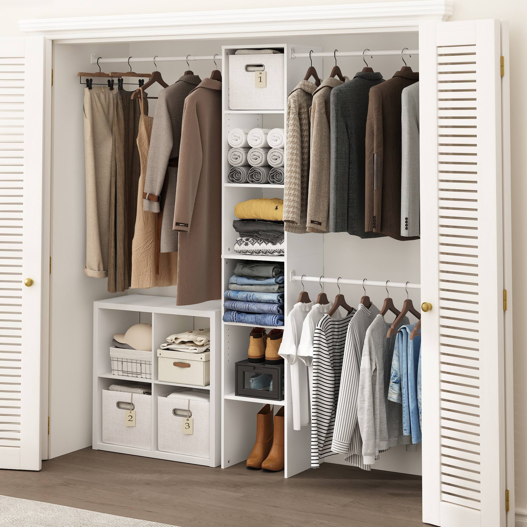 Alt View 5. Furinno - Fano Clothing & Closet Storage Organizer Shelf Tower with 3 Hanging Bars - White.