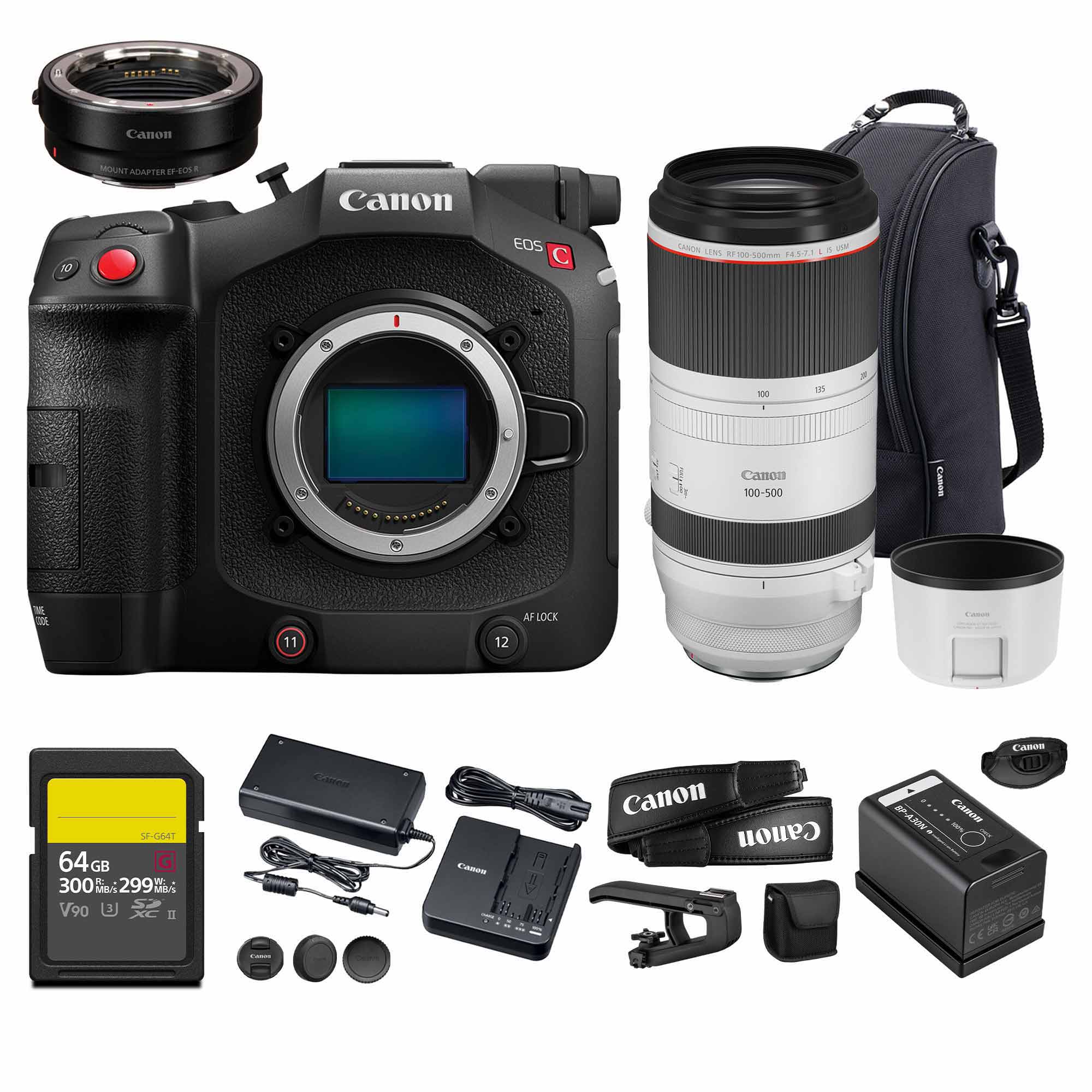 Canon MOUNT ADAPTER EF-E OS  
Canon EOS C  
Canon 100-500mm  
Canon 64 GB SD Card  
Canon LP-E6N Battery  
Canon Battery Charger  
Canon Strap  
Canon Lens Hood  
Canon Lens Cap