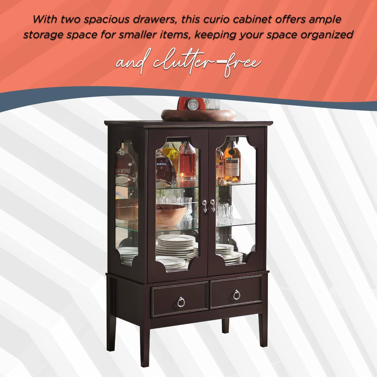 With two spacious drawers, this curio cabinet offers ample storage space for smaller items, keeping your space organized and clutter-free.