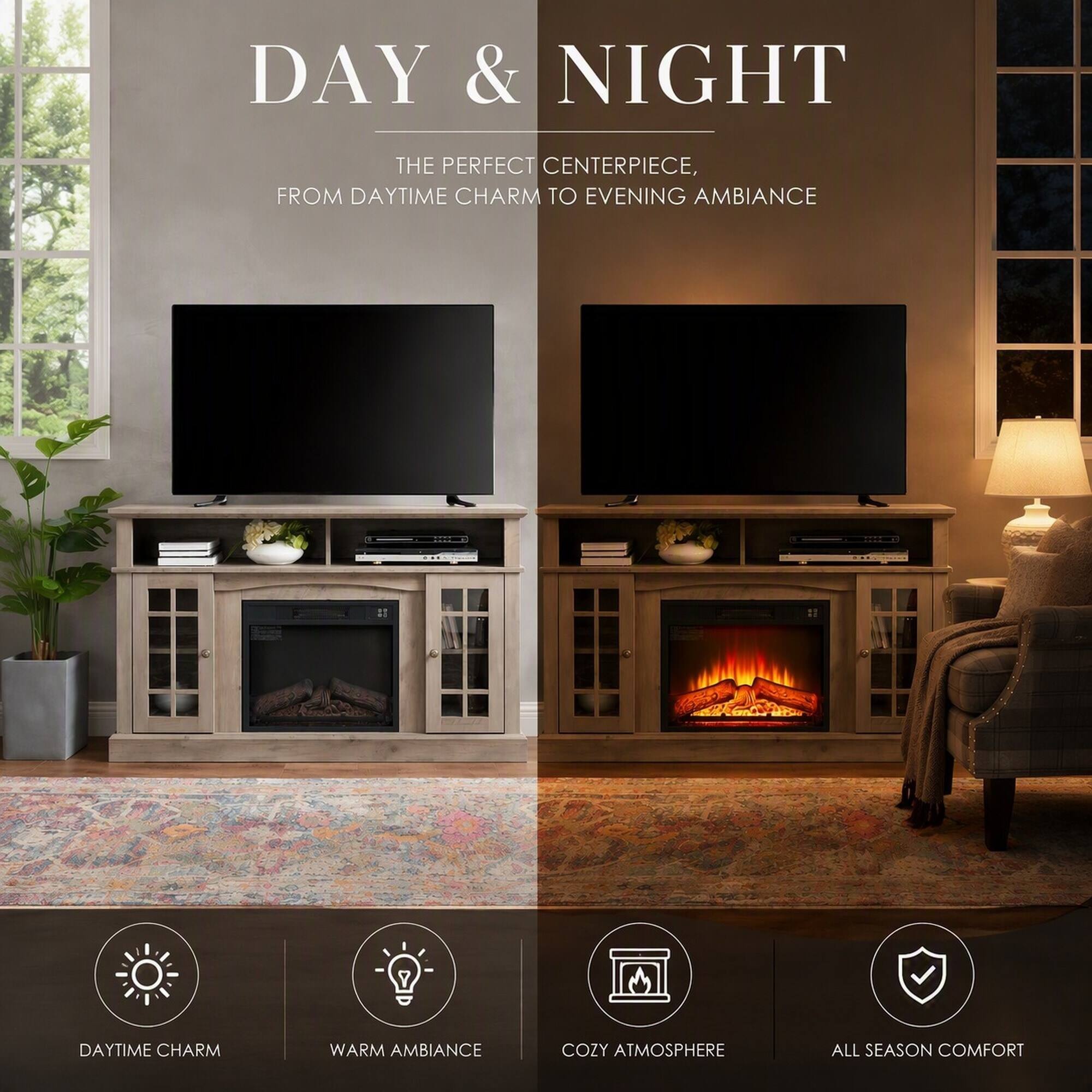 DAY & NIGHT  
THE PERFECT CENTERPIECE, FROM DAYTIME CHARM TO EVENING AMBIANCE  

DAYTIME CHARM  
WARM AMBIANCE  
COZY ATMOSPHERE  
ALL SEASON COMFORT