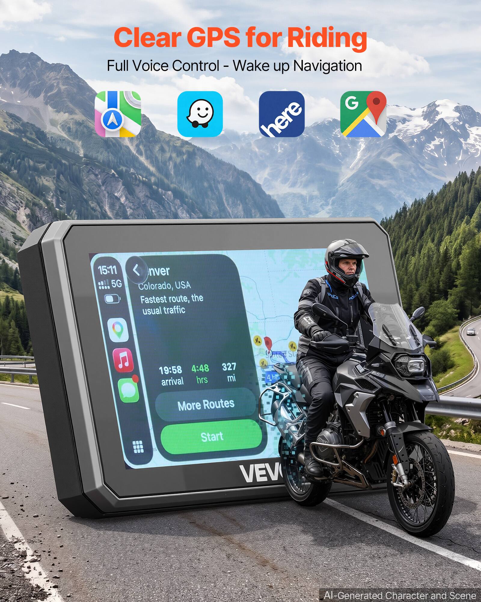 Clear GPS for Riding  
Full Voice Control - Wake up Navigation  

15:11 5G  
Denver, Colorado, USA  
Fastest route, the usual traffic  

19:58 4:48 327 arrival hrs mi  
More Routes  
Start  

AI-Generated Character and Scene