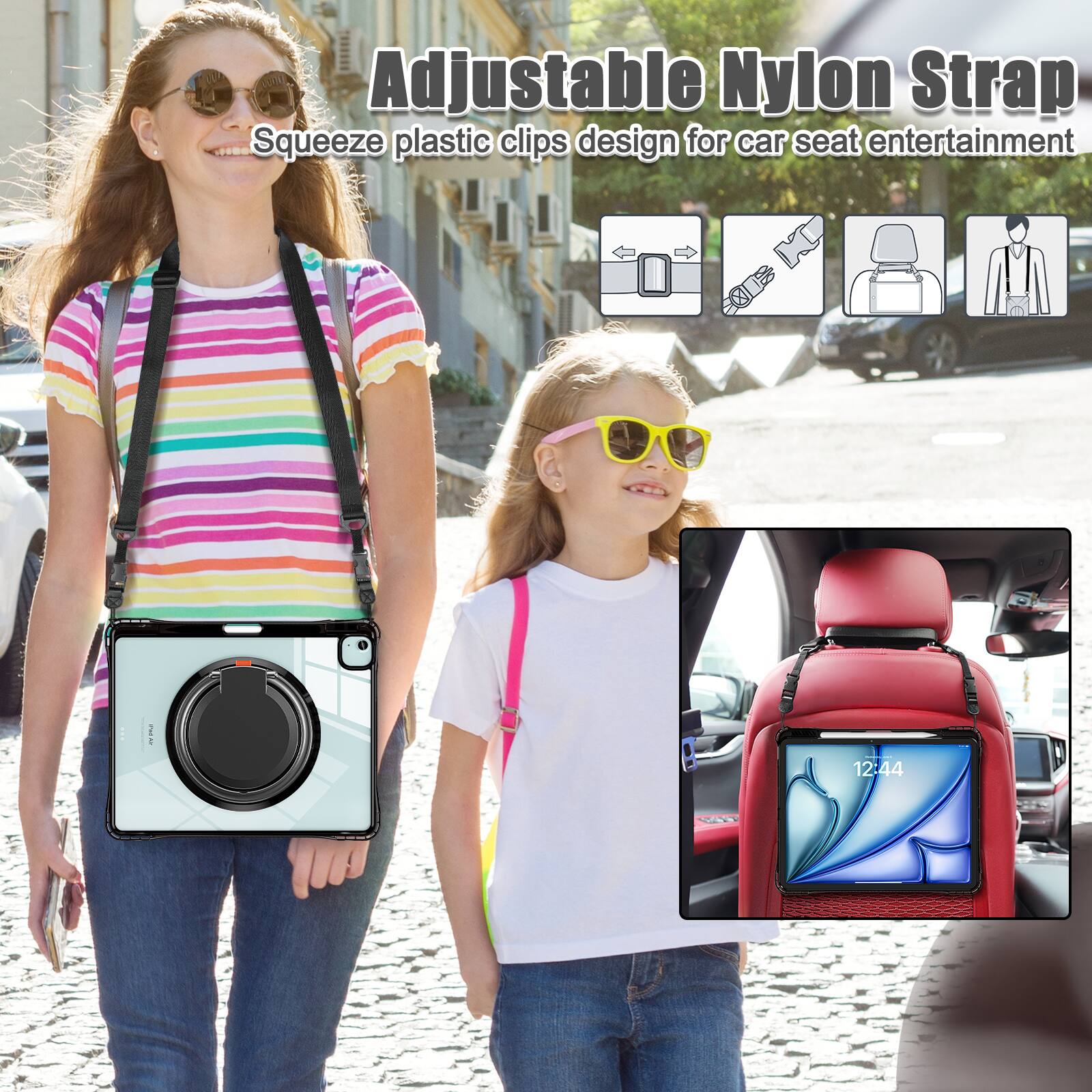 Adjustable Nylon Strap  
Squeeze plastic clips design for car seat entertainment