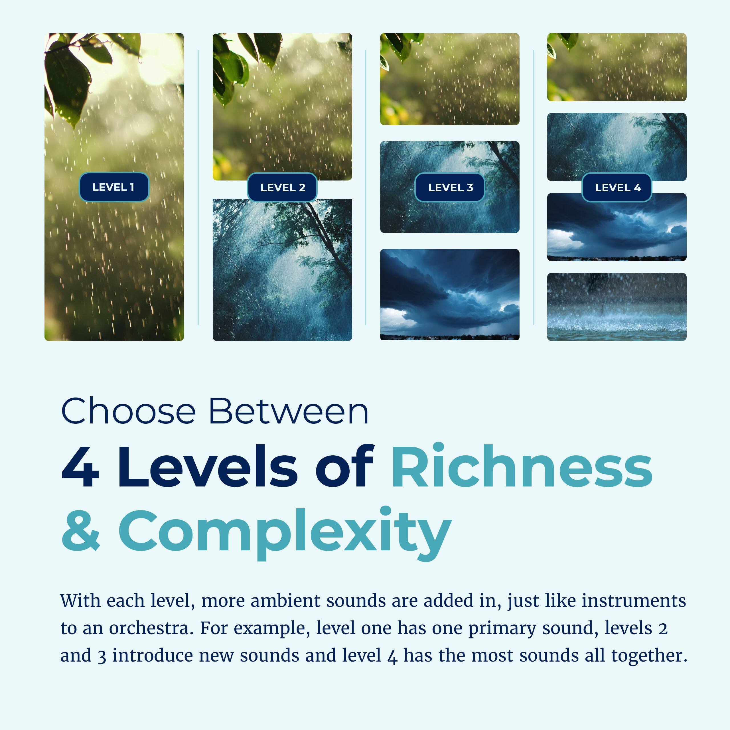 Choose Between 4 Levels of Richness & Complexity

With each level, more ambient sounds are added in, just like instruments to an orchestra. For example, level one has one primary sound, levels 2 and 3 introduce new sounds and level 4 has the most sounds all together.