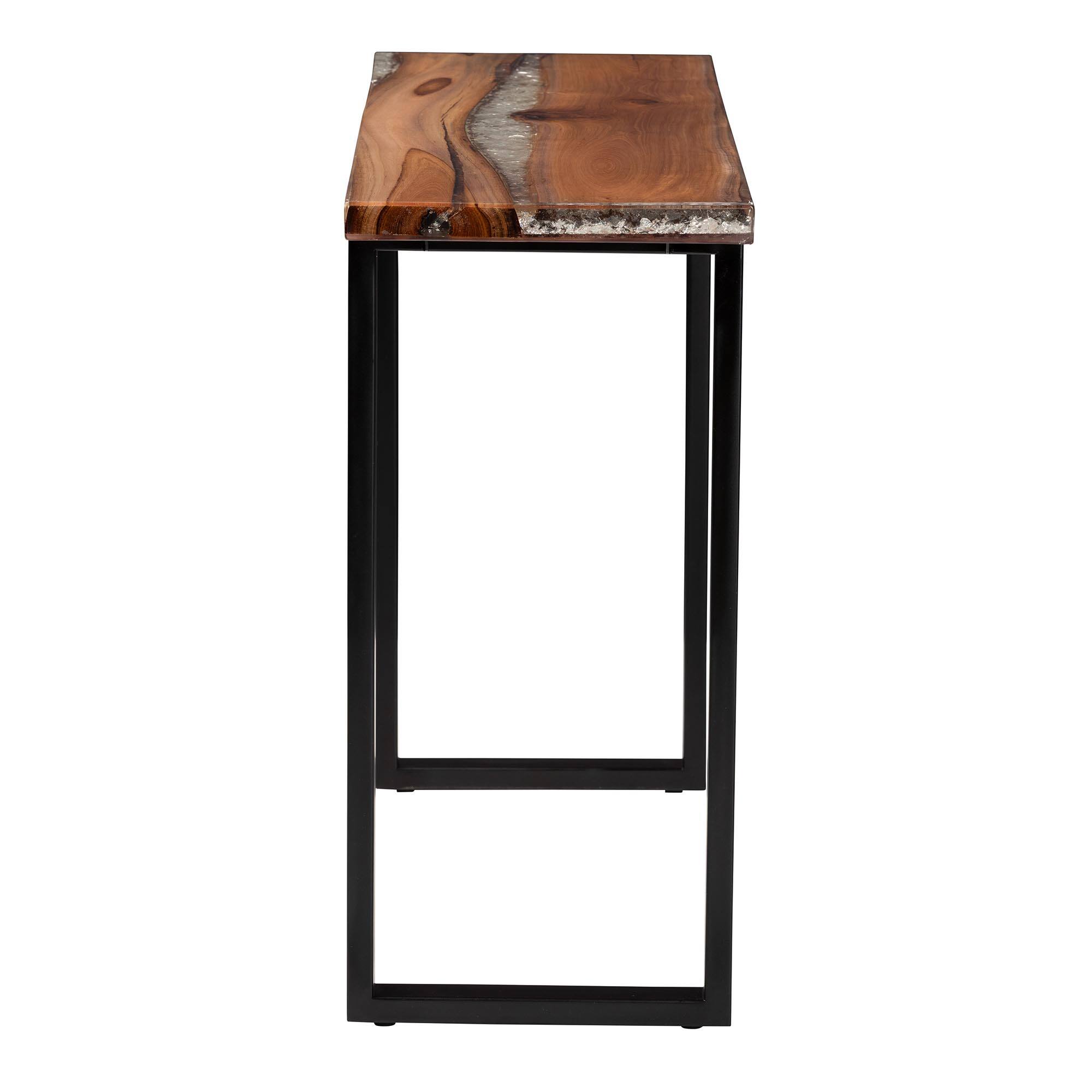 Left. bali & pari - Apio Wood Epoxy Resin Console Table with Glass Inlay - Rectangular Teak Wood with Black Metal Base - Natural Brown/White/Black.