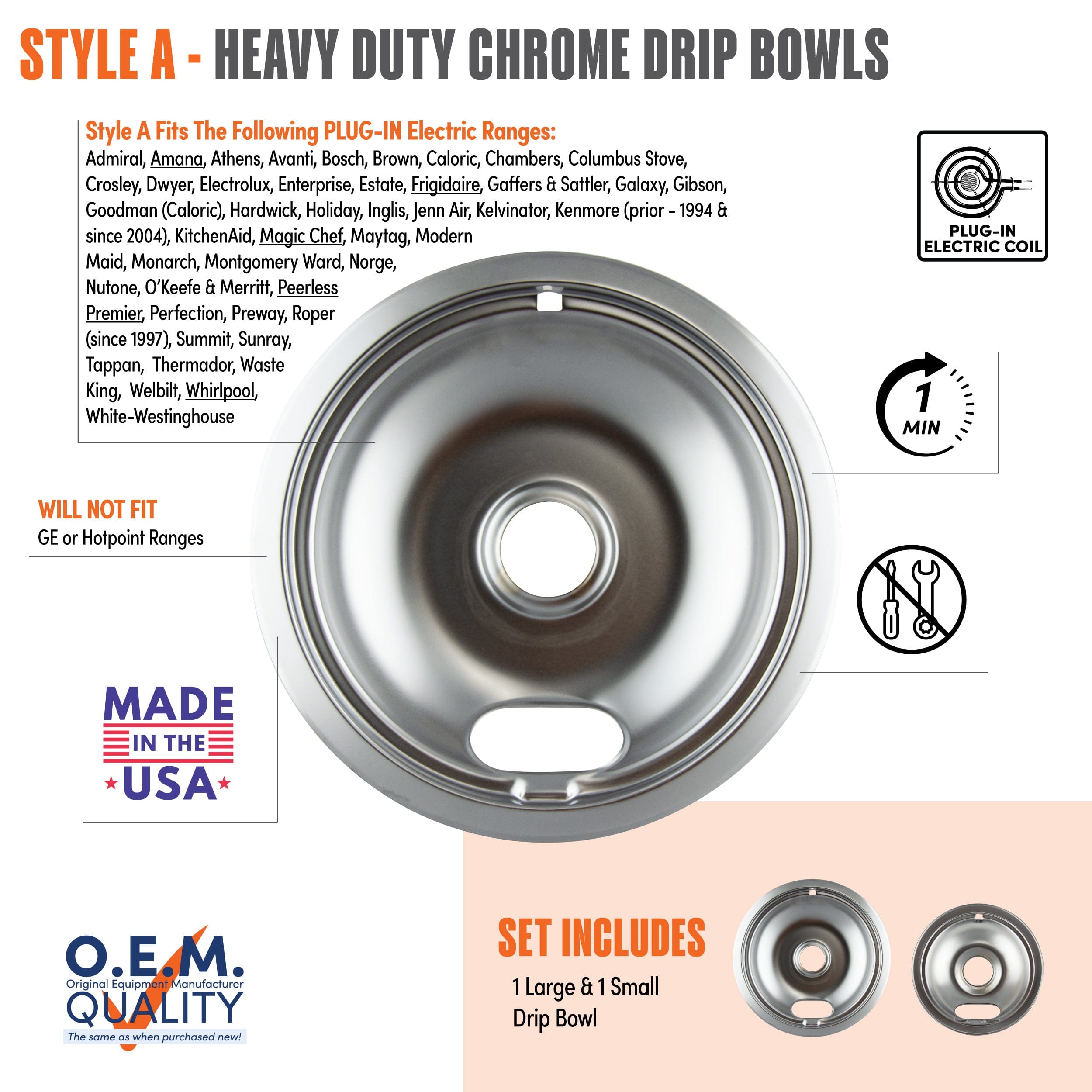 Range Kleen - 12782XCD5 Style A 2pk Heavy Duty Chrome Drip Bowls,  Large and  Small