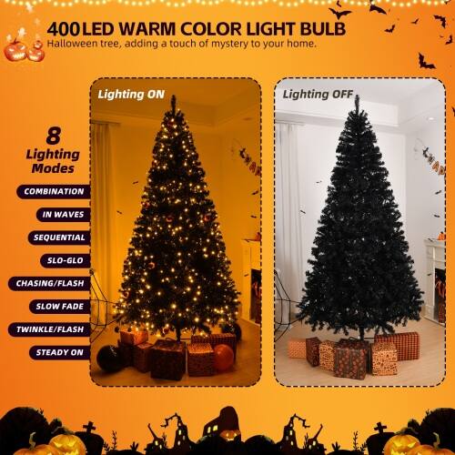 400 LED WARM COLOR LIGHT BULB  
Halloween tree, adding a touch of mystery to your home.

Lighting ON  
Lighting OFF

8 Lighting Modes  
- COMBINATION  
- IN WAVES  
- SEQUENTIAL  
- SLO-GLO  
- CHASING/FLASH  
- SLOW FADE  
- TWINKLE/FLASH  
- STEADY ON