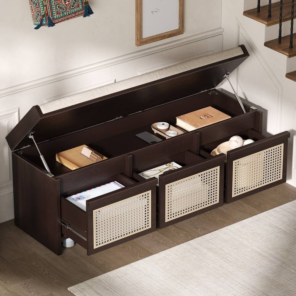 Front. Ropilly - Ropilly Retro Entryway Shoe Bench with Rattan Drawers Tufted Cushion Hidden Storage Espresso Hallway Foyer Seating - Espresso.