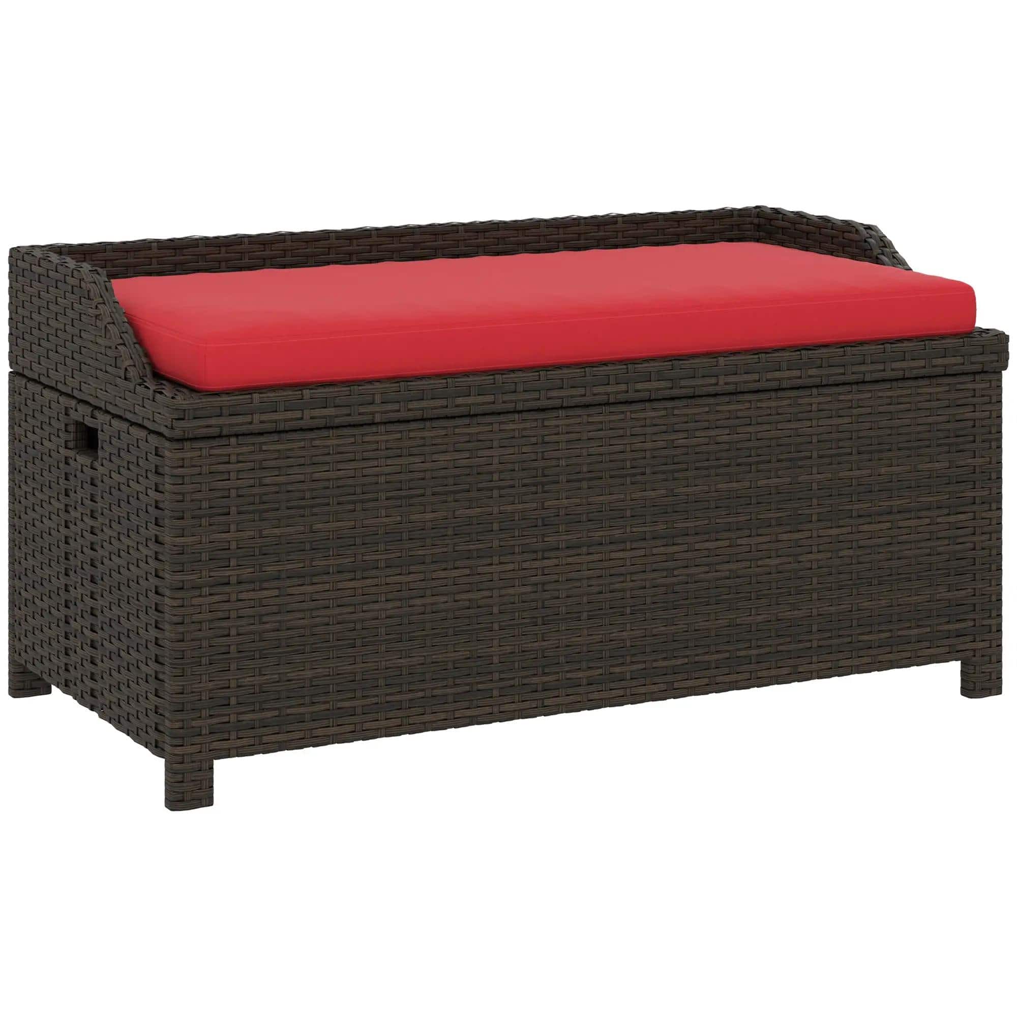Resenkos - Outdoor Wicker Bench with Storage, Patio Storage Bench, Outdoor Bench with Cushion, Outdoor Furniture - Red