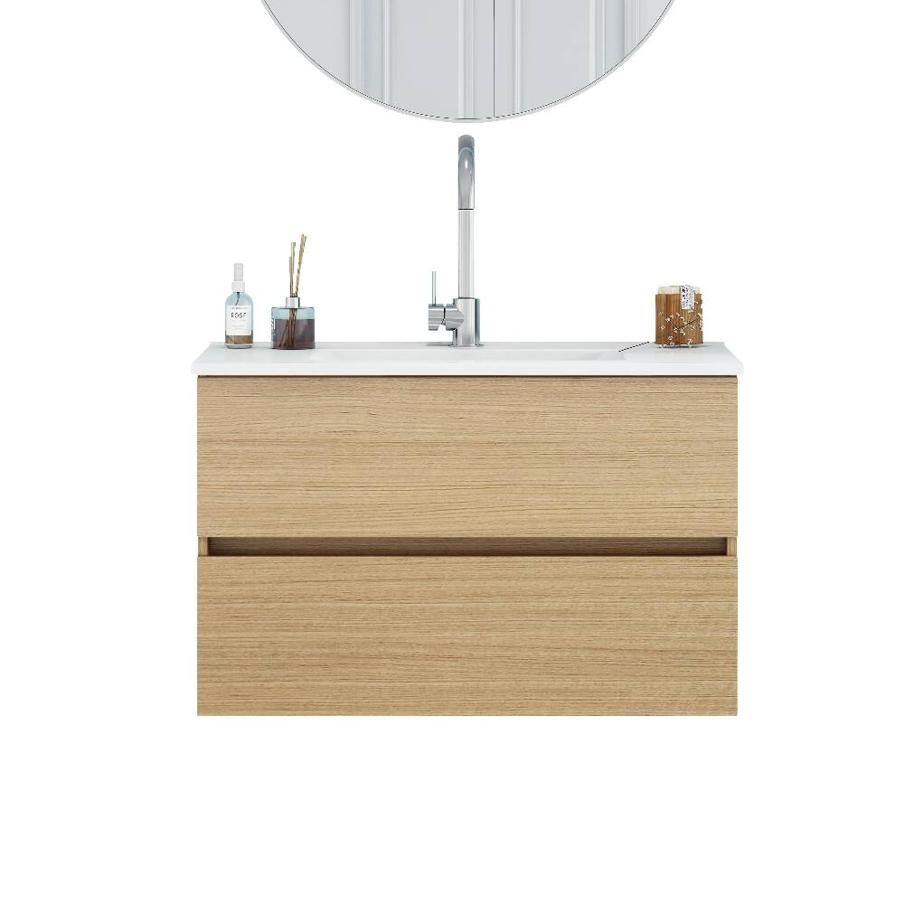 Alt View 2. Loheer - Loheer 32 inch wall mounted bathroom vanity Natural Solid Wood with Ceramic Sink - Natural.