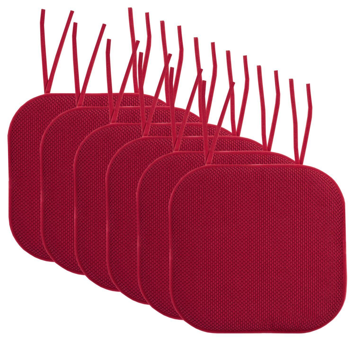 Sweet Home Collection - Honeycomb Memory Foam Non-Slip 16" x 16" Chair Cushion Pad with Ties, 6-Pack - Red