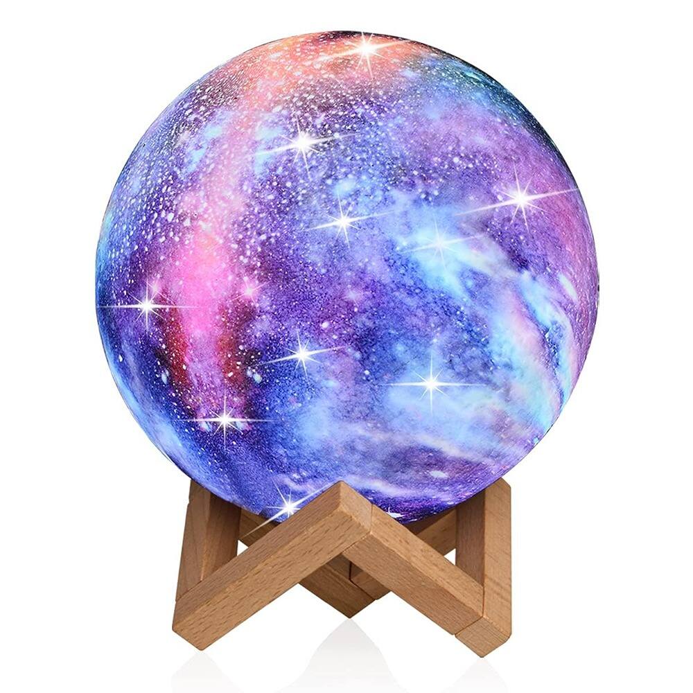 Angle. MOSZAR LLC - Moon Lamp 4.8" Galaxy Night Light with Wood Stand, Touch & Remote, USB.