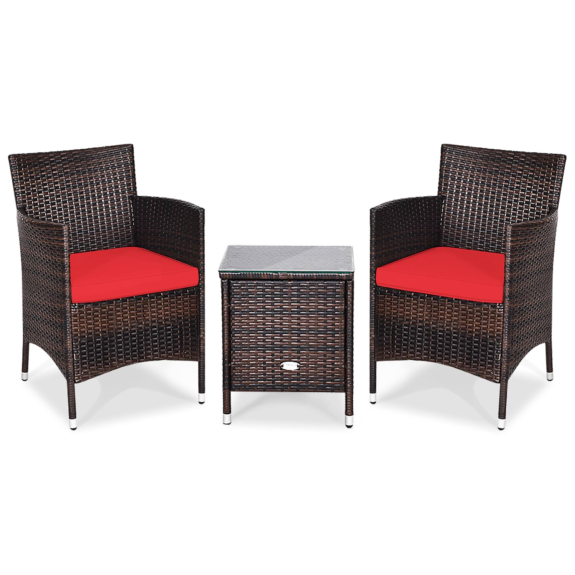 Alt View 1. Gymax - Gymax 3PCS Patio Rattan Chair & Table Furniture Set Outdoor w/ Red Cushion - Red.
