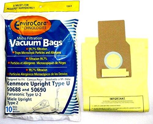 A MUST FOR ALLERGY SUFFERERS!!  
159-9 EnviroCare TECHNOLOGIES Micro Filtration Vacuum Bags  
99.7% Filtration Traps Microscopic Particles and Allergens  
Filtración 99.7% Partículas et Allergenes Microscopiques de Piges  
Partículas Alergénicas Microscópicas de los Desvios  
Designed to Fit:  
Conçu Pour:  
Diseñado a Medida:  
Kenmore Upright Type U 50688 and 50690  
Panasonic Type U-2  
Miele Upright Type Z  
BAGS 10  
SACS  
BOLSAS  
IMPORTANT  
SUGER FOLLON  
SAGS OF CEXNER  
SUCTICNL