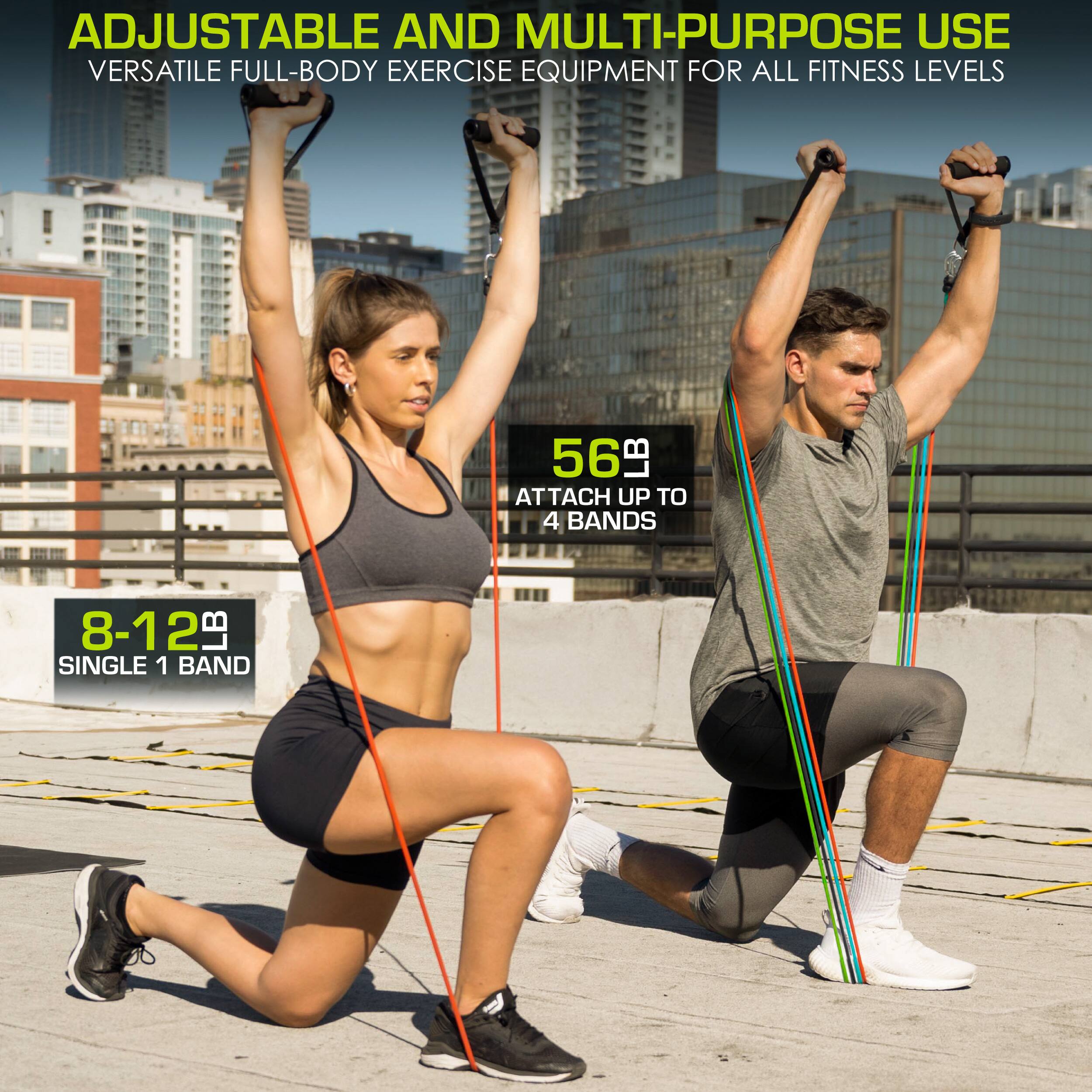 ADJUSTABLE AND MULTI-PURPOSE USE VERSATILE FULL-BODY EXERCISE EQUIPMENT FOR ALL FITNESS LEVELS
56 ATTACH UP TO 4 BANDS
8-12 SINGLE 1 BAND