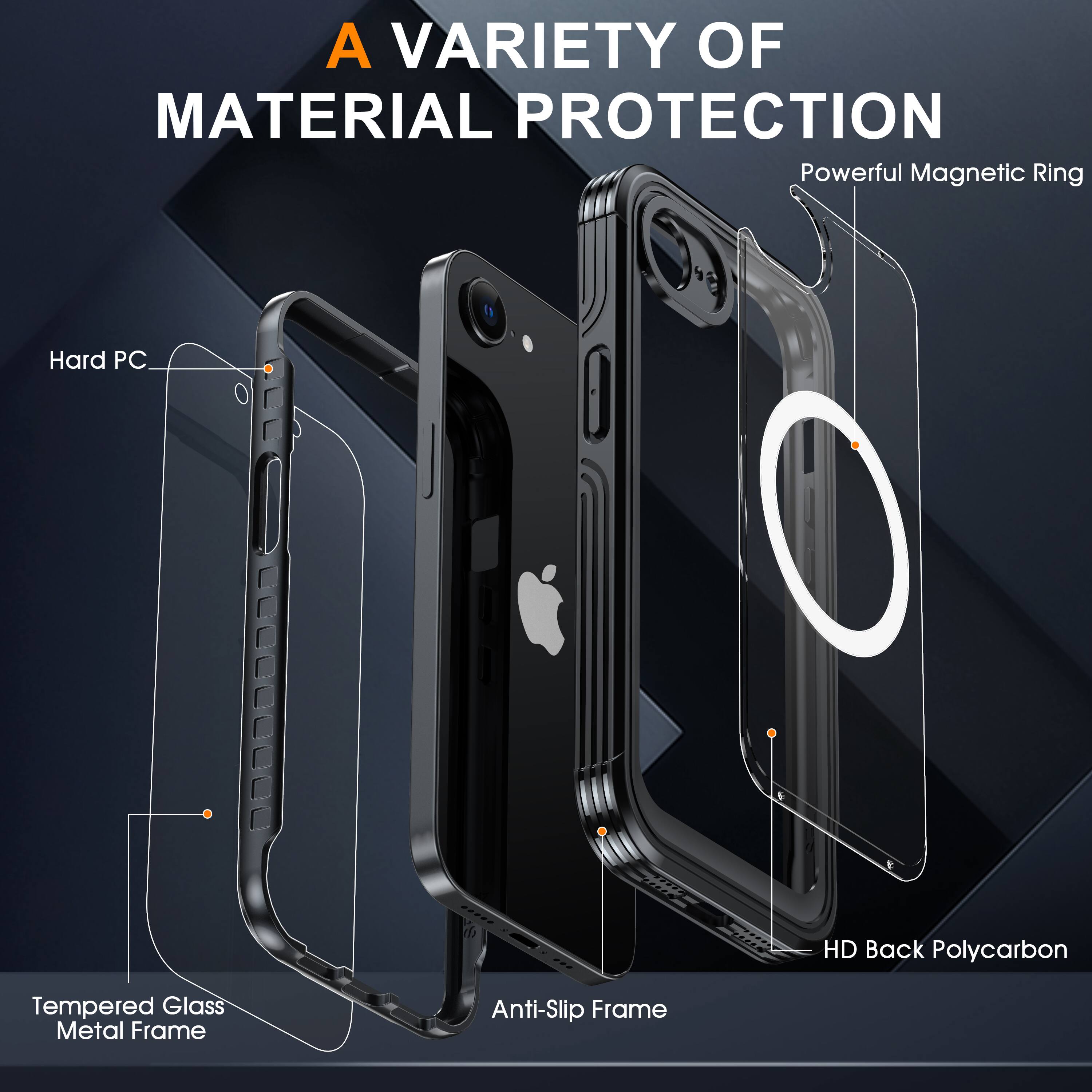 A VARIETY OF MATERIAL PROTECTION

- Powerful Magnetic Ring
- Hard PC
- HD Back Polycarbon
- Tempered Glass Metal Frame
- Anti-Slip Frame