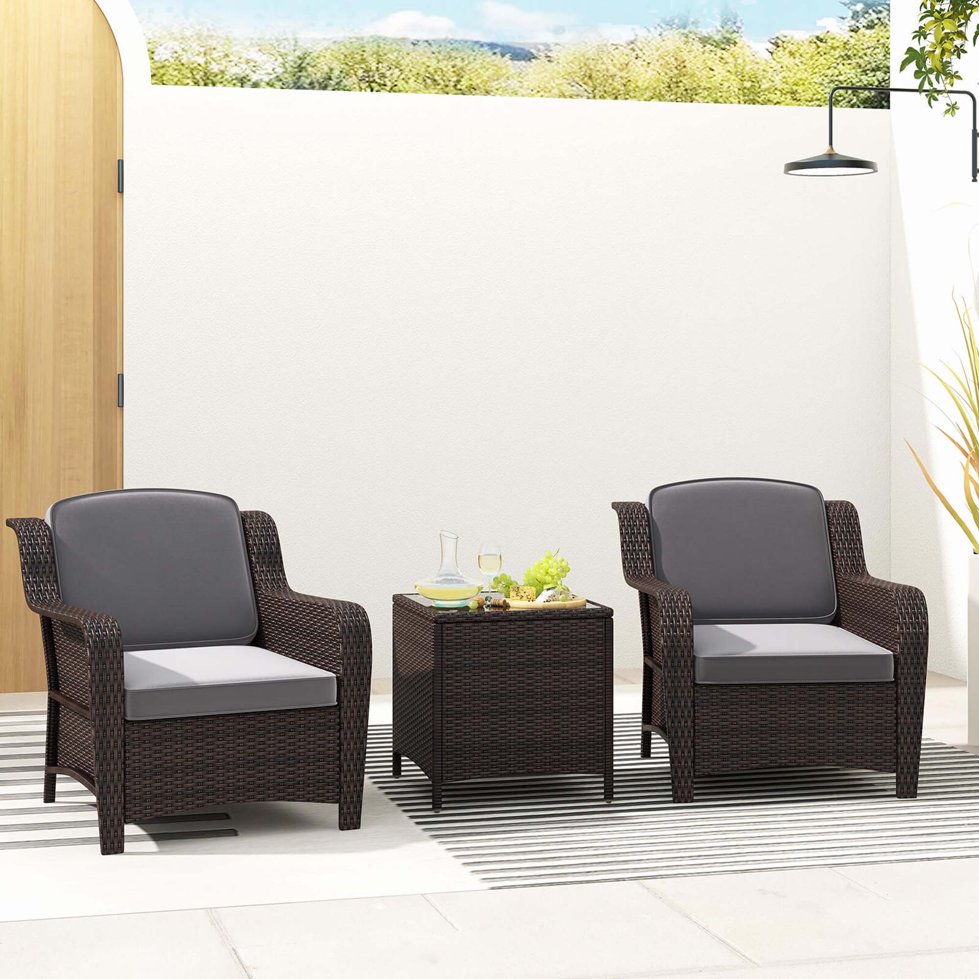 Alt View 1. Costway - 3 PCS Outdoor Patio Furniture Set with Cushions and Tempered Glass Coffee Table - Gray + Mix Brown.