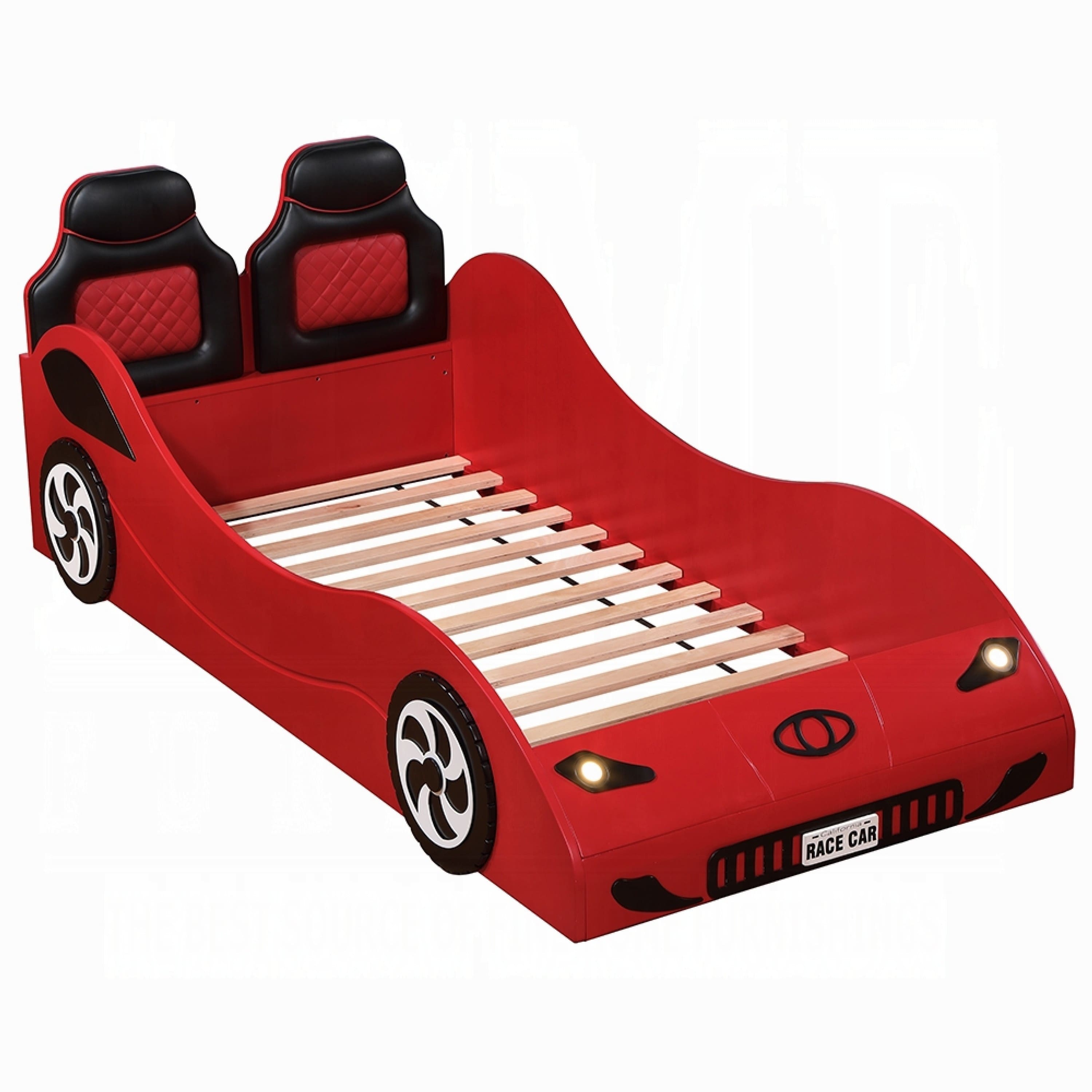 Manhattan Lane - Corey Twin Size Red Car Bed, Wheel Trim, Built-In LED, Red Wood - Red, Black
