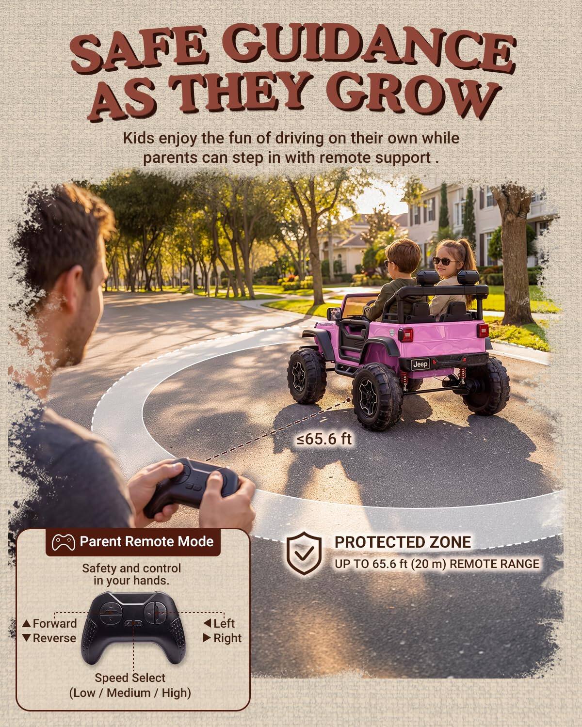 SAFE GUIDANCE AS THEY GROW  
Kids enjoy the fun of driving on their own while parents can step in with remote support.  

Jeep  
65.6 ft  

Parent Remote Mode  
Safety and control in your hands.  
Forward Reverse  
Left Right  
Speed Select (Low/Medium/High)  

PROTECTED ZONE UP TO 65.6 ft (20 m) REMOTE RANGE