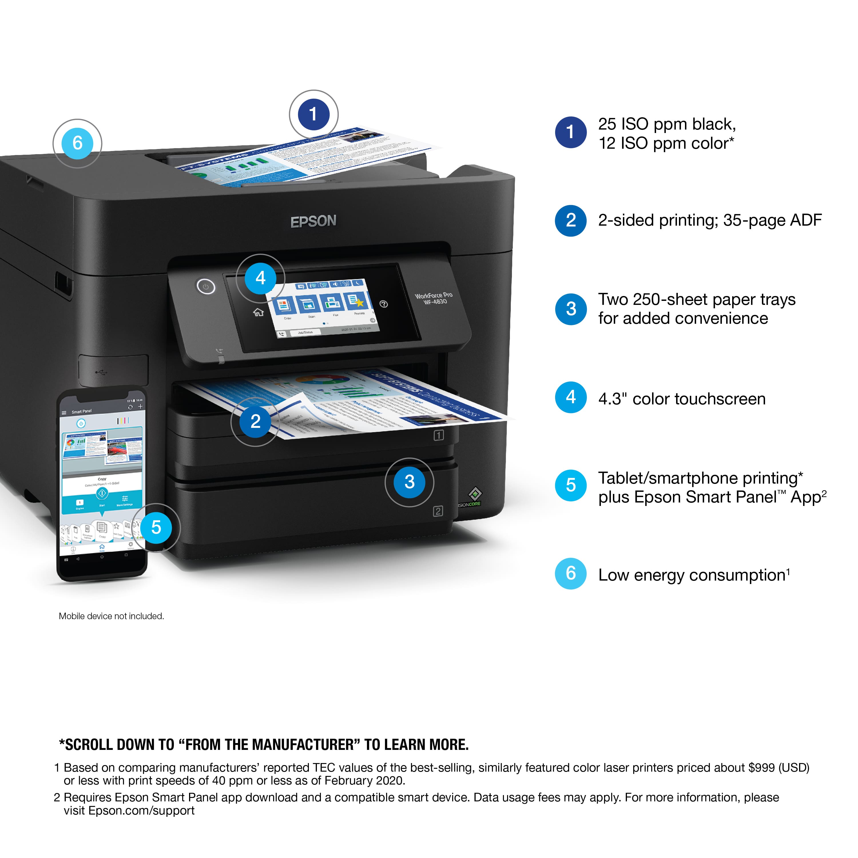 1. 25 ISO ppm black, 12 ISO ppm color* EPSON
2. 2-sided printing; 35-page ADF
3. Two 250-sheet paper trays for added convenience
4. 4.3" color touchscreen
5. Tablet/smartphone printing* plus Epson Smart Panel" App
6. Low energy consumption
7. Mobile device not included
8. Based on comparing manufacturers' reported TEC values of the best-selling, similarly featured color laser printers priced about $999 (USD) or less with print speeds of 40 ppm or less as of February 2020.
9. Requires Epson Smart Panel app download and a compatible smart device. Data usage fees may apply. For more information, please visit Epson.com/support