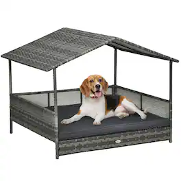 Pawhut - Dog Bed with Canopy, Rattan Dog Bed with Soft Cushion Removable Cover for Medium and Large Dogs - Dark Gray