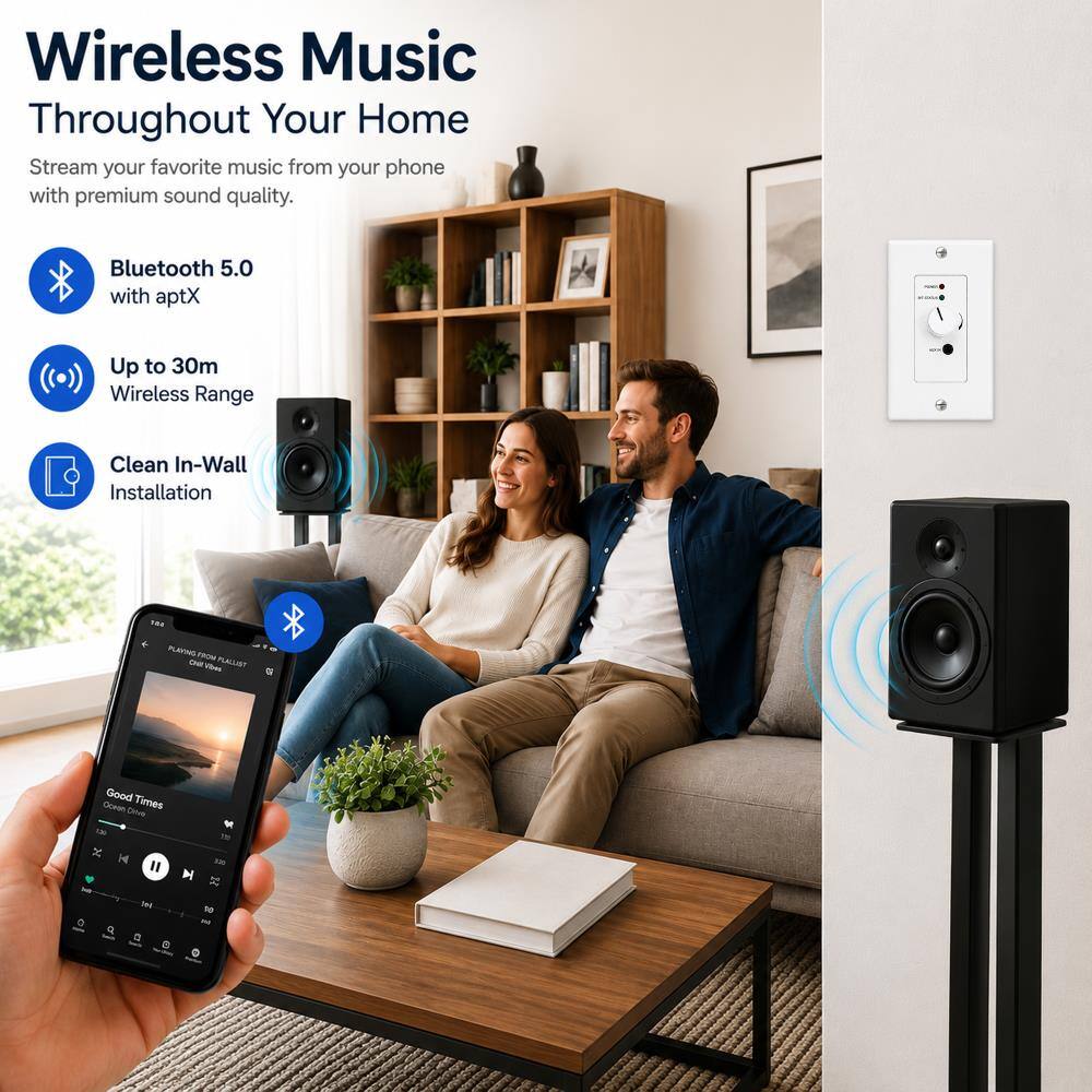Wireless Music Throughout Your Home  
Stream your favorite music from your phone with premium sound quality.  
Bluetooth 5.0 with aptX  
Up to 30m Wireless Range  
Clean In-Wall Installation  

FBE PLAYING FROM Chil Vibes PLALUST  
Good Times Oceon Dive