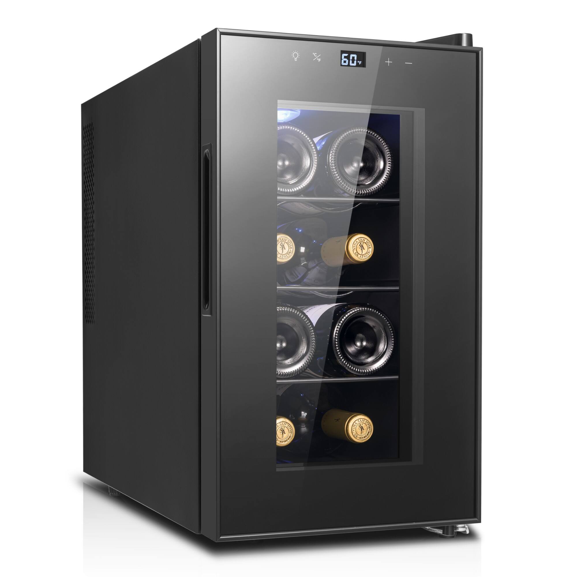 Angle. Yeego - Wine Cooler Refrigerator, 8-BottleThermoelectric Countertop Fridge,  Small & Silent Wine Cooler for Home / Office - Black.