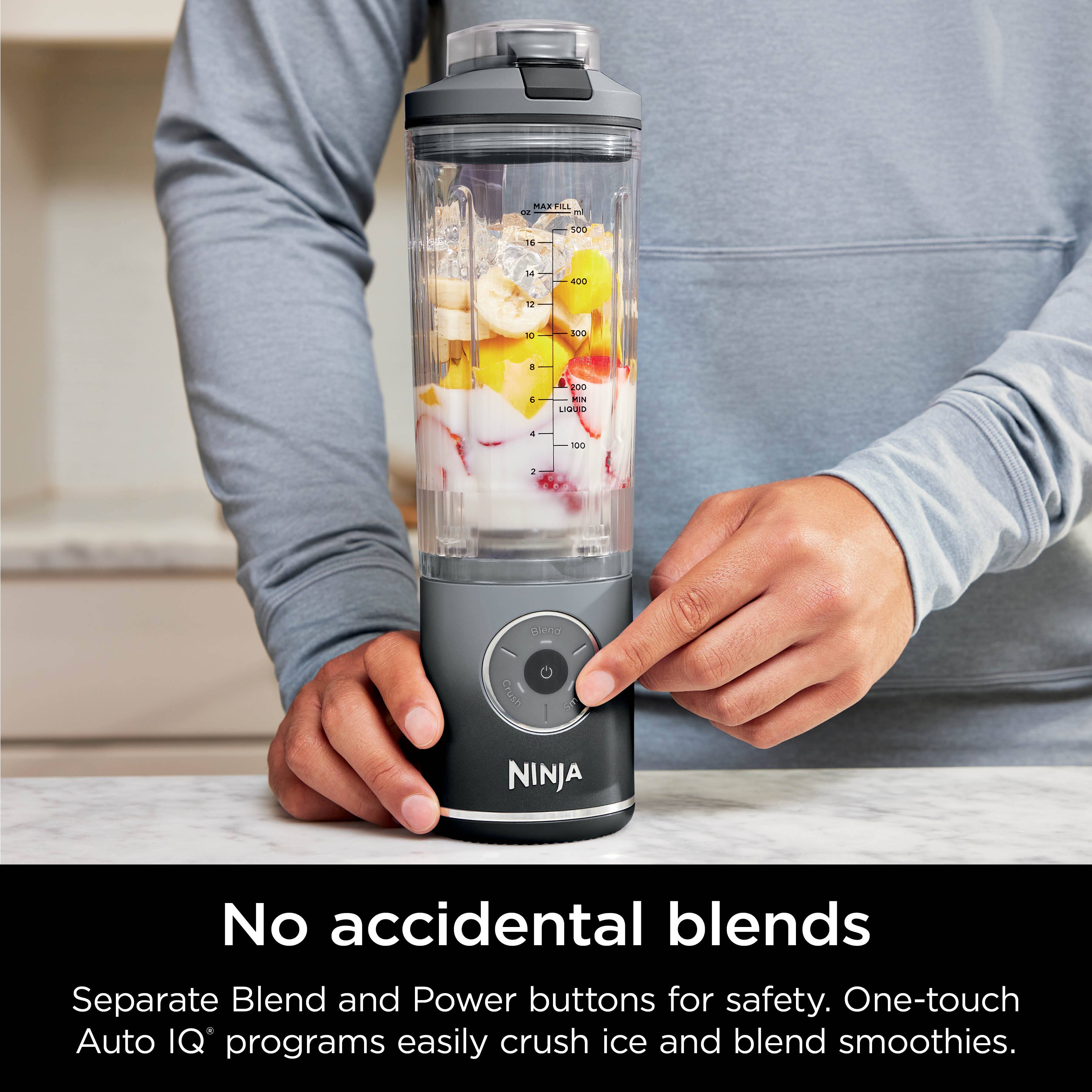 PAX F.. - - . 50o 000 NINJA No accidental blends Separate Blend and Power buttons for safety. One-touch Auto IQ programs easily crush ice and blend smoothies.