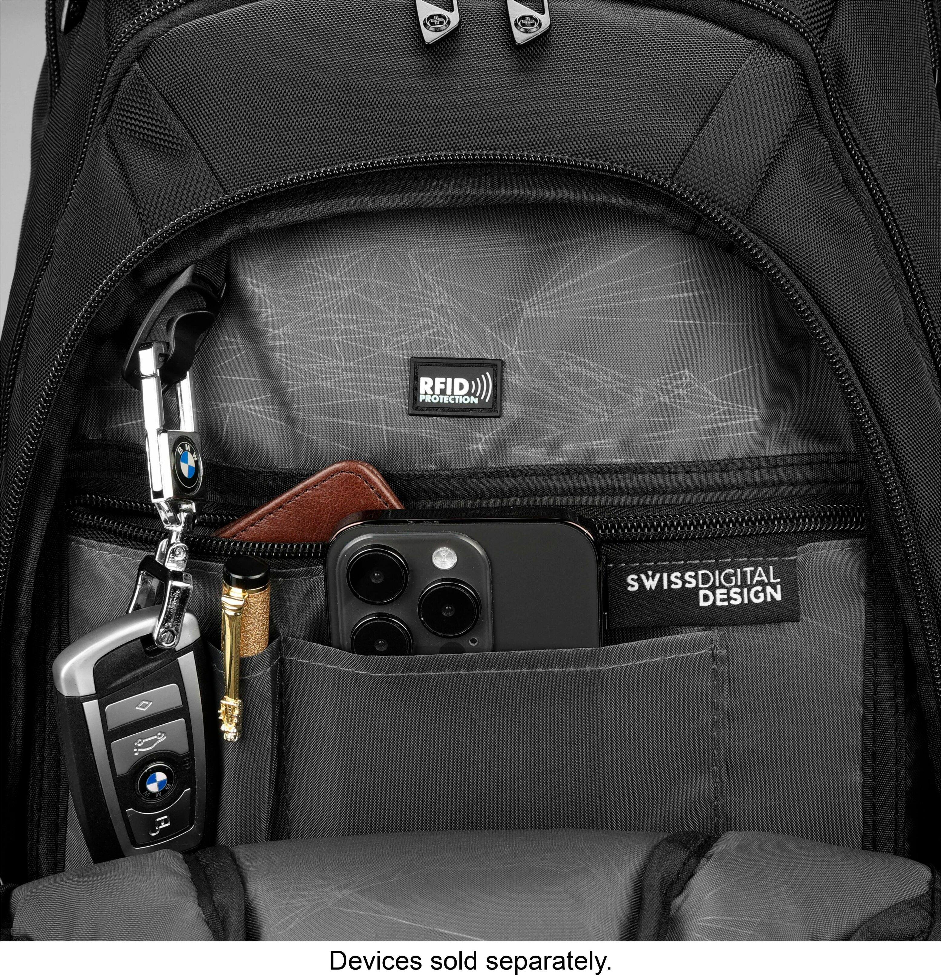 RFID protection is a feature of the Swissdigital design backpack. The backpack is black and gray, and it has a pocket for storing electronic devices. The devices are sold separately.