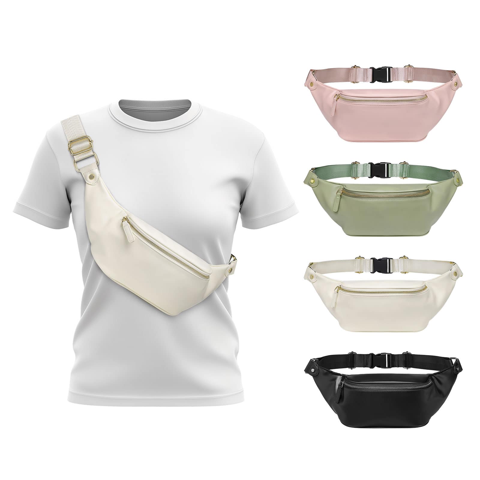 Unique Bargains - Soft Faux Leather Fanny Pack Crossbody Waist Pack with Adjustable Strap Large Pocket Sturdy Zippers for Travel Hiking - Standard Beige