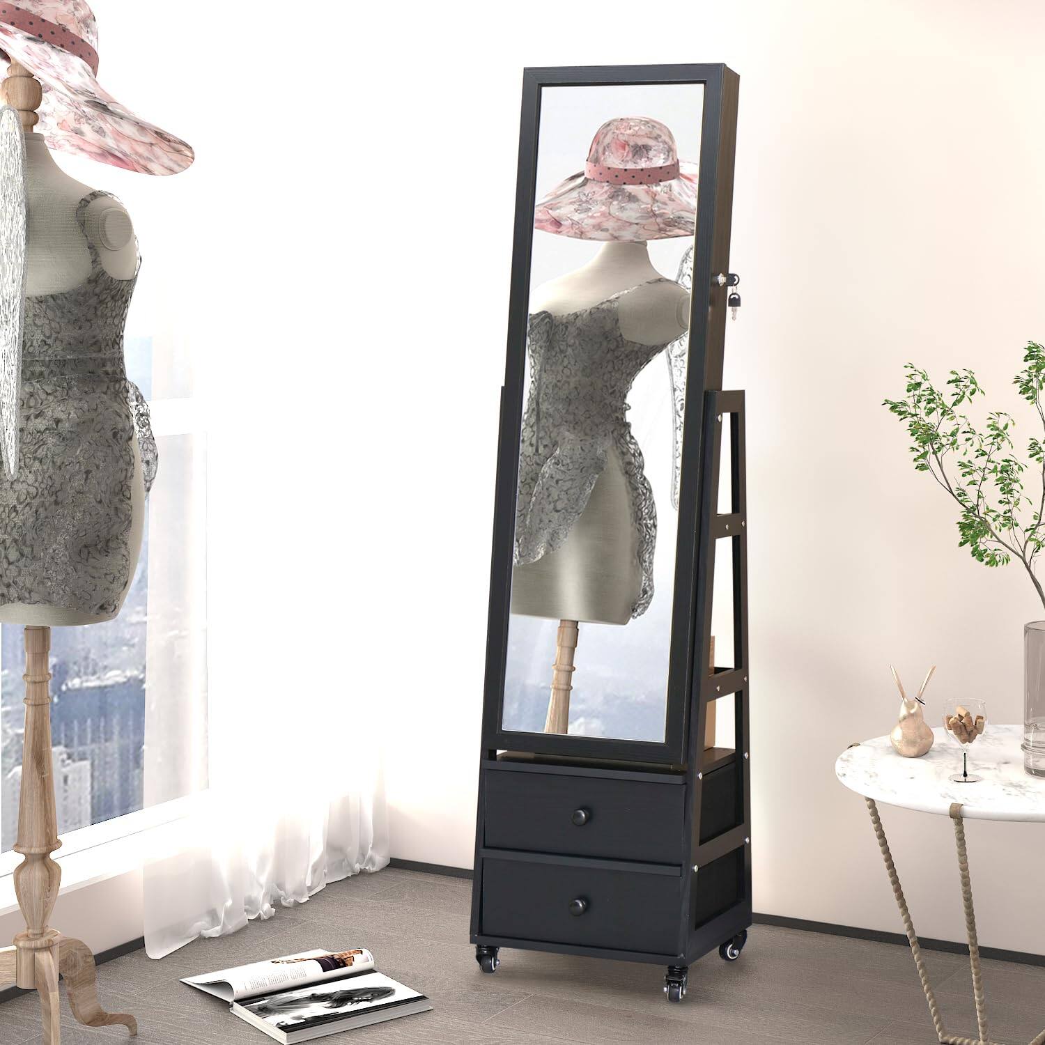 Alt View 4. TECH SAFARI - Cabinet With Standing Mirror Lockable Full Length Drawers Organizer Armoire Wheels Floor Storage Shelves Fo - Black 63*16.