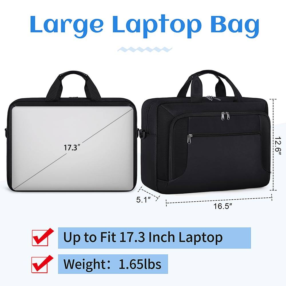 Large Laptop Bag

Up to Fit 17.3 Inch Laptop

Weight: 1.65lbs

Dimensions:
- 17.3" (length)
- 12.6" (width)
- 5.1" (height)
- 16.5" (depth)