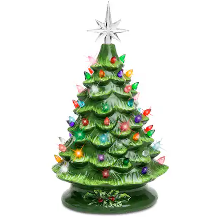 Front. Best Choice Products - Pre-Lit Ceramic Tabletop Christmas Tree with Lights- 15in - Green w/ Multicolored Lights.